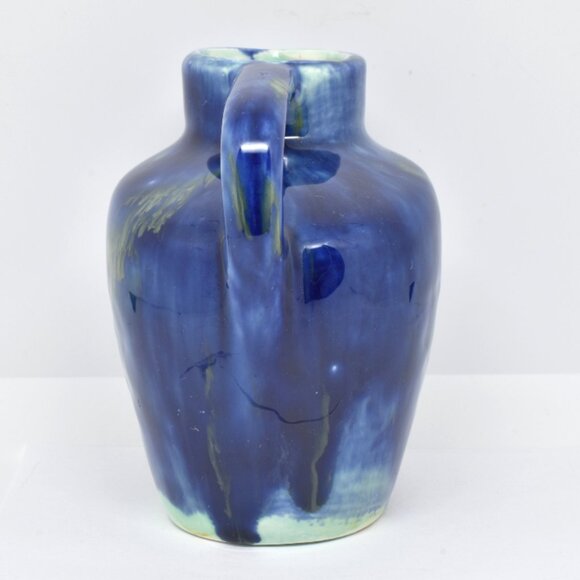 Ceramic Art Pottery Pitcher, Signed, Blue Drip Glaze, 4" Tall - Picture 2 of 7